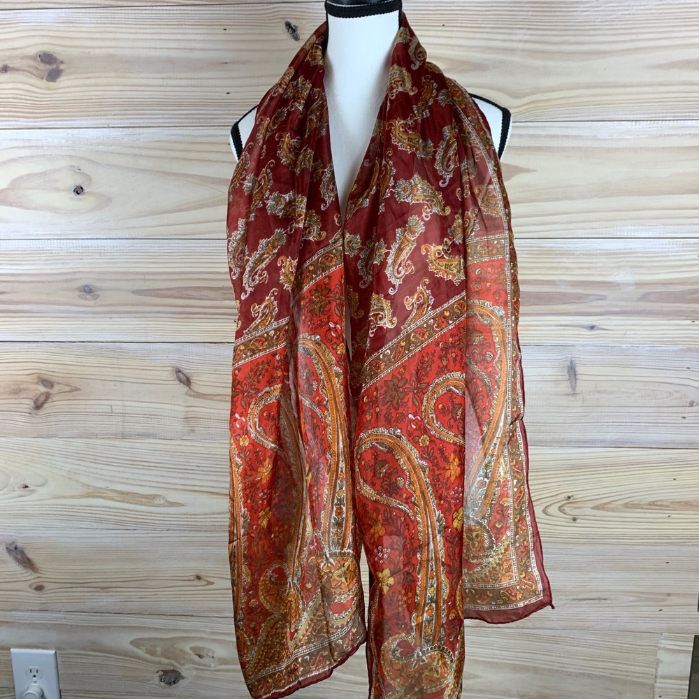 Paisley Silk Scarf Women Rust Orange Rectangular Wrap Lightweight Ethereal Boho